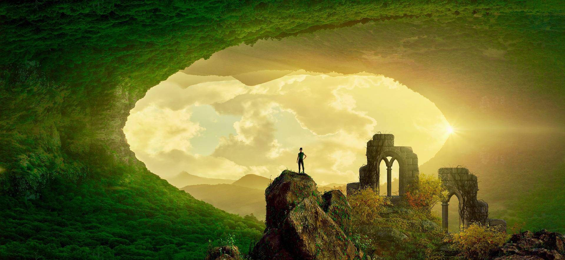 фантазийный рисунок человечка стоящего на скале, а сверху и снизу его окружает зелёная растительность и позади него льётся солнечный свет
