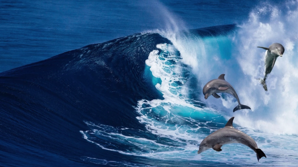 дельфины резвятся в пене волн