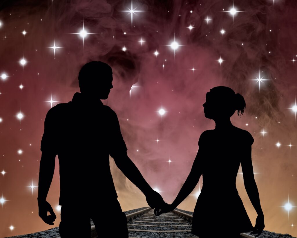 пара мужчина и женщина на фоне мерцающих звёзд